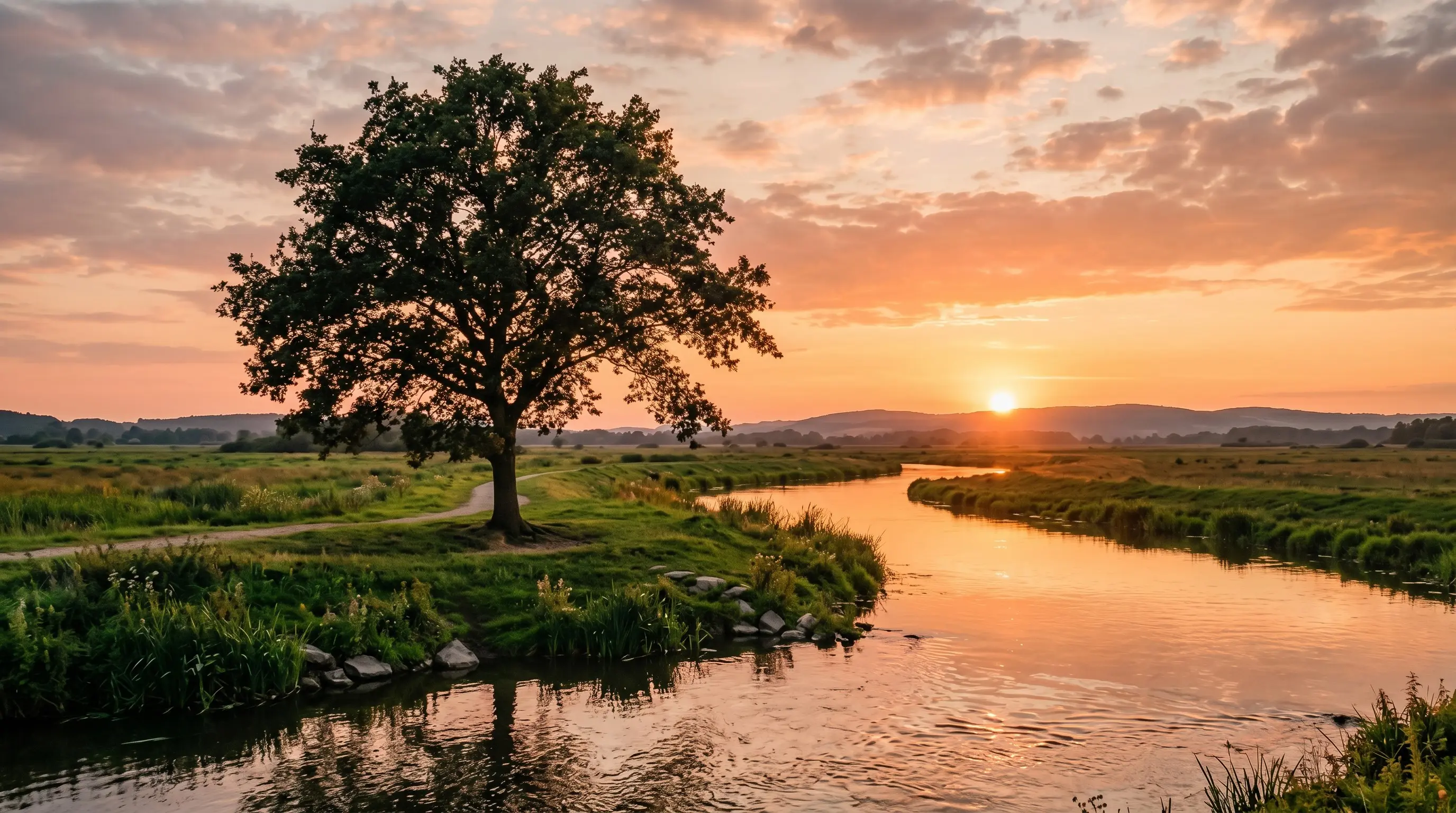 Zonsondergang boven een kronkelende rivier met een grote eik aan de oever.