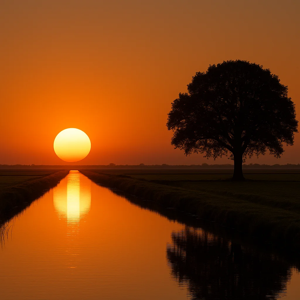 Zonsondergang boven een rivier met een grote boom aan de oever — symbool voor rust en nieuwe horizonten.
